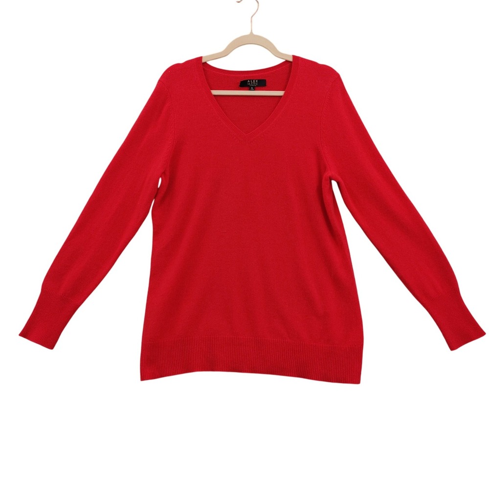 Alex Marie Womens Classic Preppy 100% Cashmere VNeck Sweater XL Red Holiday Cozy
